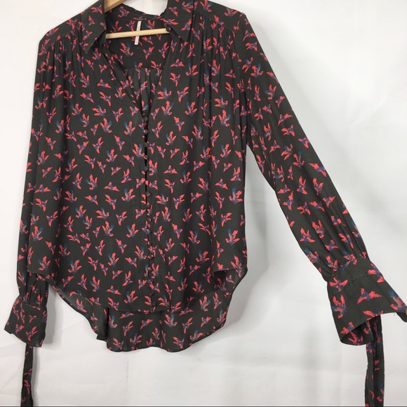 Free People Bird Print Button Up Long Sleeve Tie Cuff Blouse - Picture 5 of 10